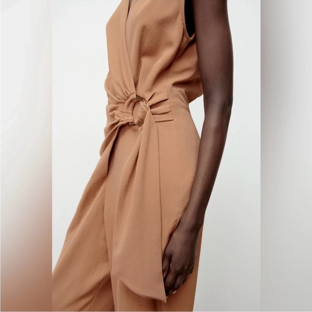 Zara NWT beige tan wrap O ring tie open back cutout jumpsuit